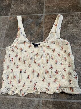 American Eagle Outfitters Ivory Floral Smocked Crop Tank